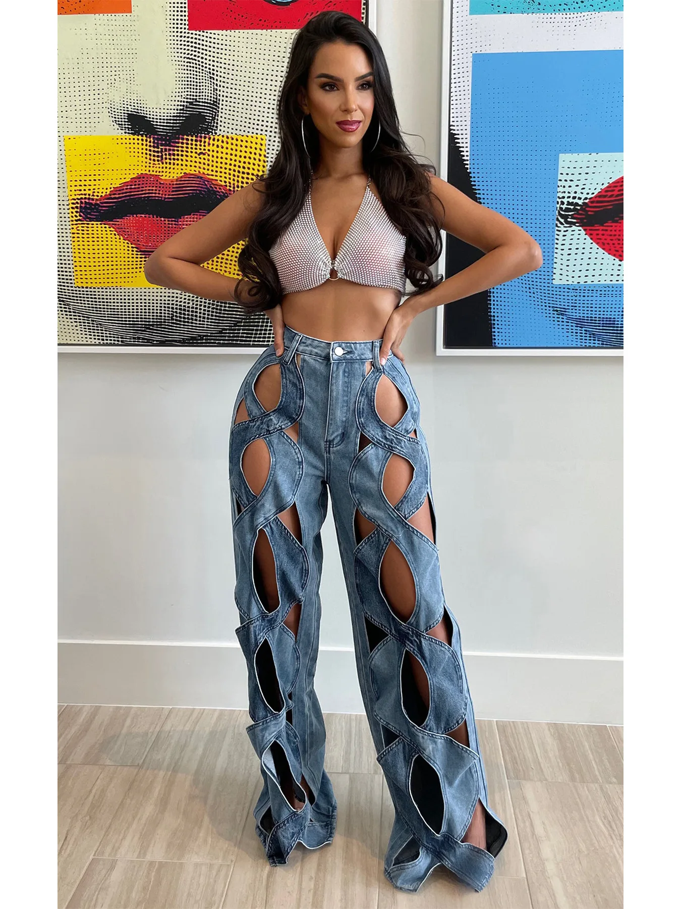 Women Vintage Cutout Straight Denim Pants - Uniqwear