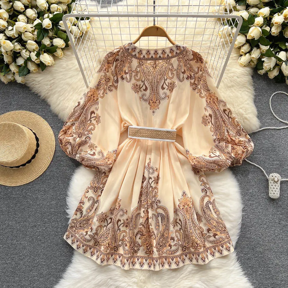 Vintage Print Elegant V-neck Lantern Long Sleeve Dress - Uniqwear