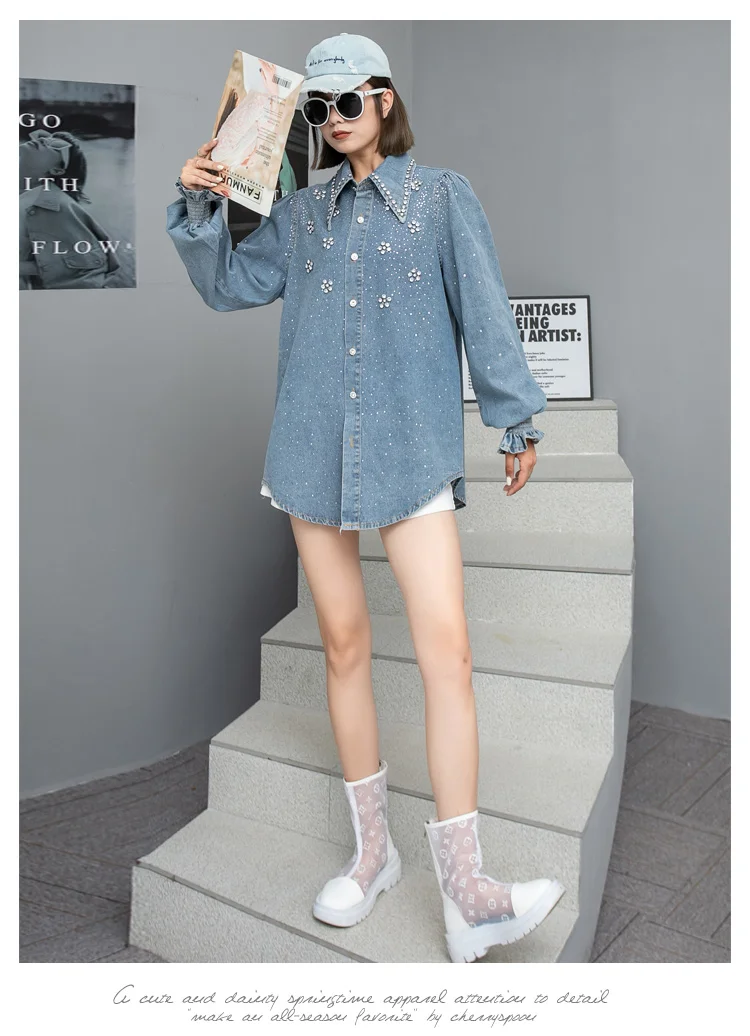 Chic Women Diamonds Beaded Flowers Denim Shirts - Uniqwear