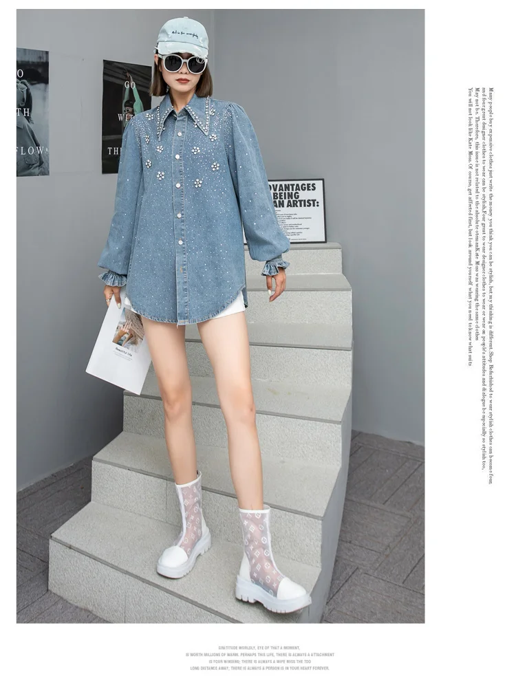 Chic Women Diamonds Beaded Flowers Denim Shirts - Uniqwear