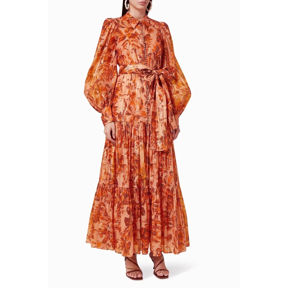Runway Designer Summer Spring Orange Printed Maxi Dress - Uniqwear
