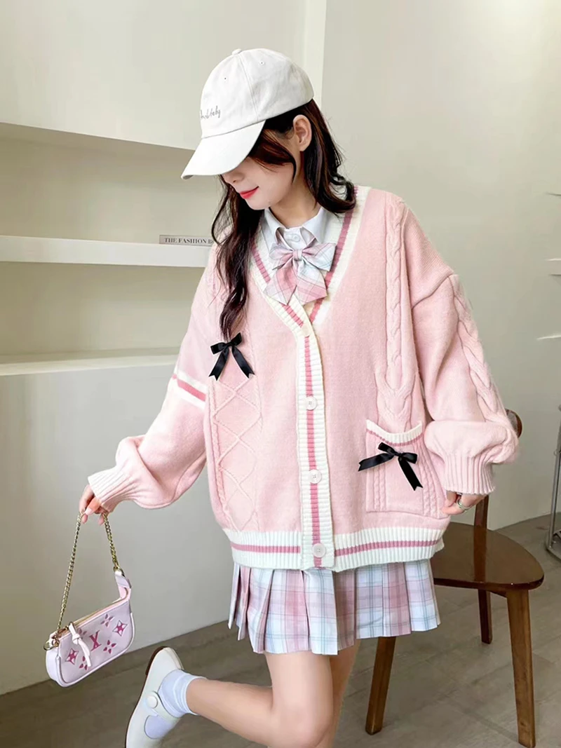 Pink Sweet Women Cardigan Bow Knitted Long Sleeve - Uniqwear