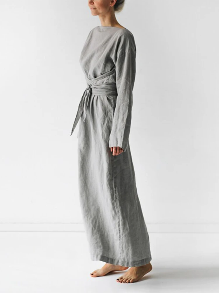 Women Casual Solid Cotton Linen Dress - Uniqwear