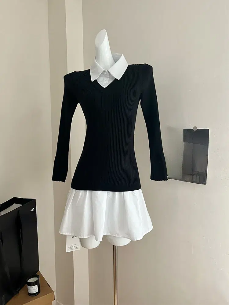 Preppy Style Fake Two Pieces Mini Knitted Shirts Dress Women - Uniqwear