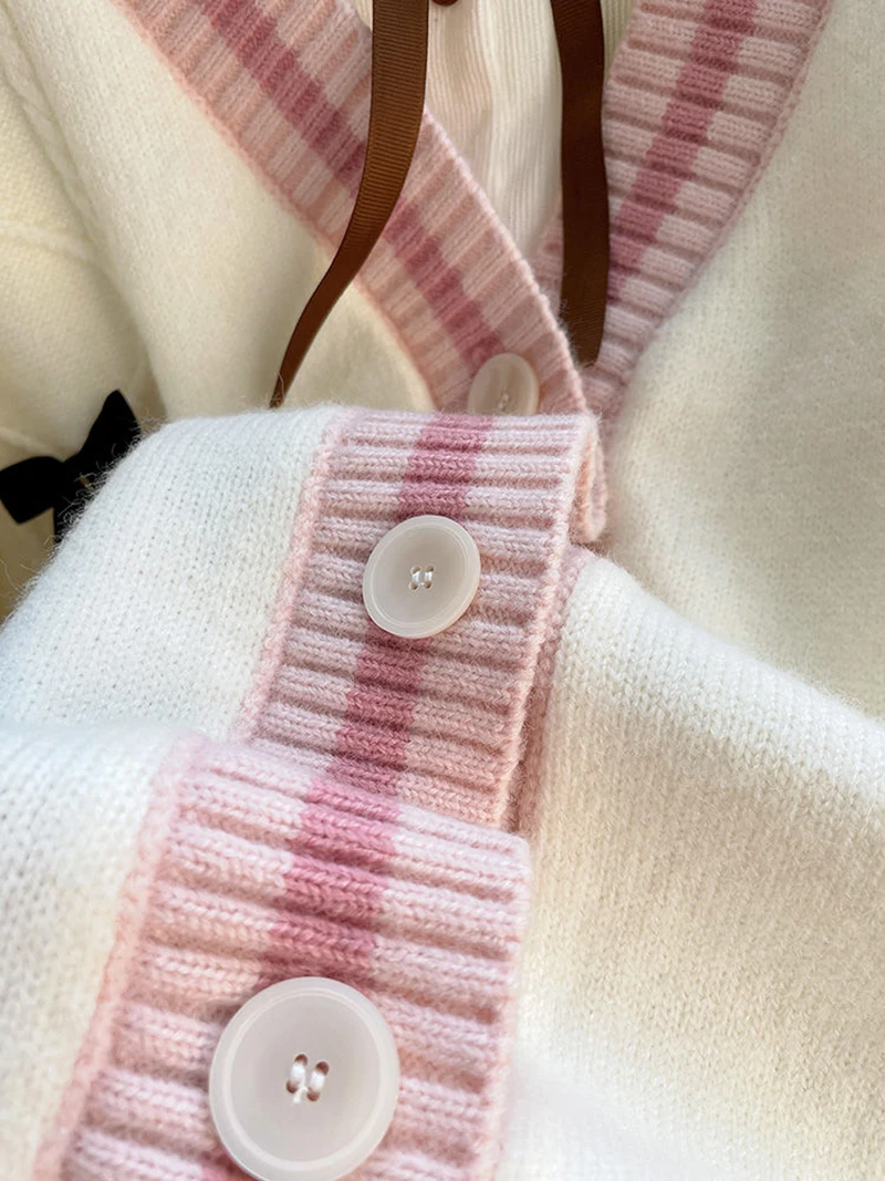 Pink Sweet Women Cardigan Bow Knitted Long Sleeve - Uniqwear