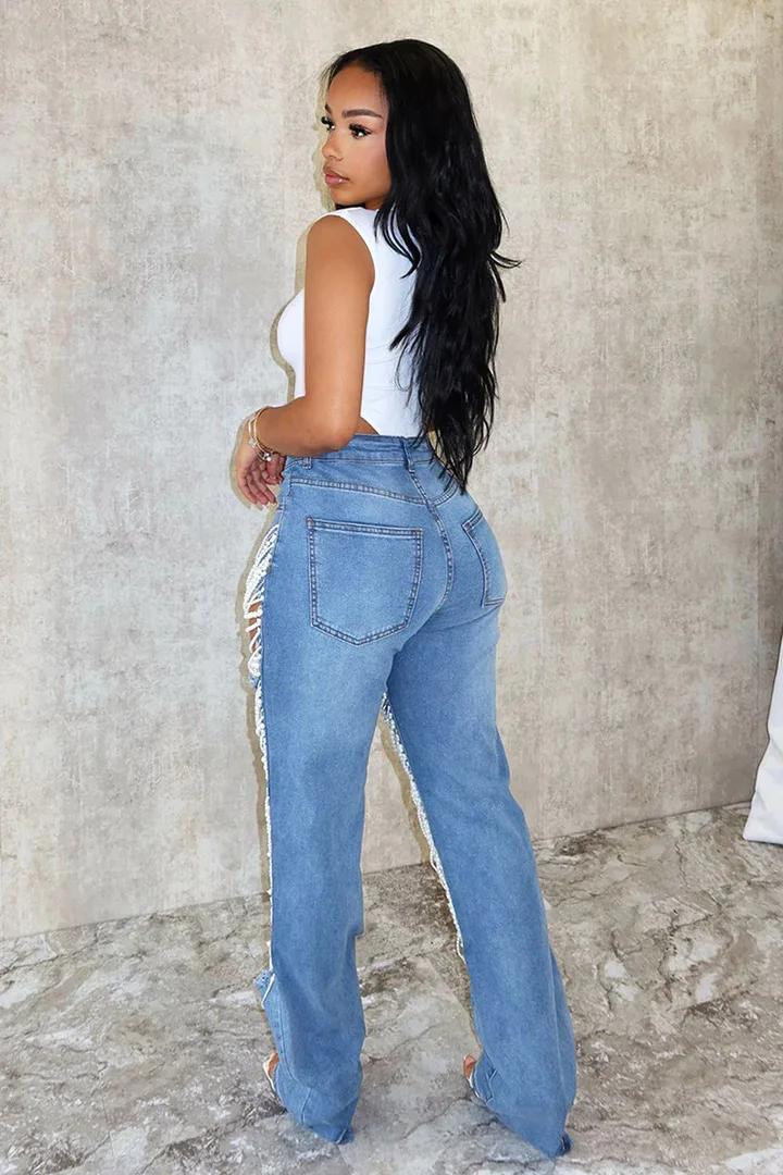 Ripped Hole Denim Pearl Rhinestones Chain Jeans - Uniqwear