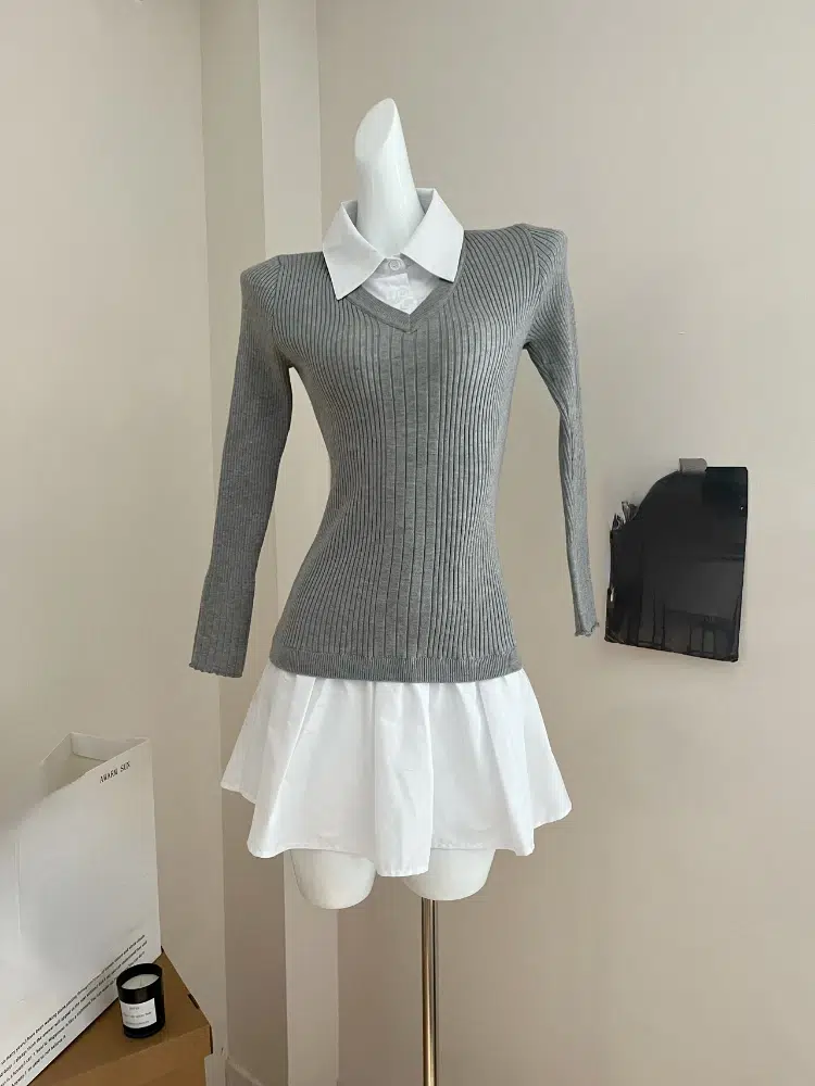 Preppy Style Fake Two Pieces Mini Knitted Shirts Dress Women - Uniqwear