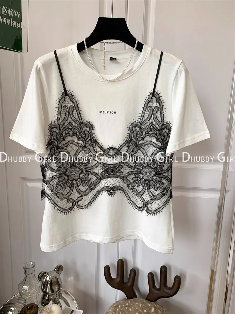 Tshirts Women Fake Two Piece Chest Lace Stitching - Uniqwear