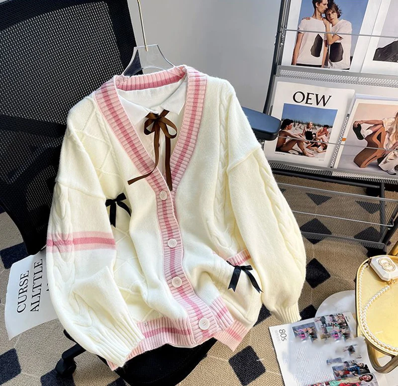 Pink Sweet Women Cardigan Bow Knitted Long Sleeve - Uniqwear