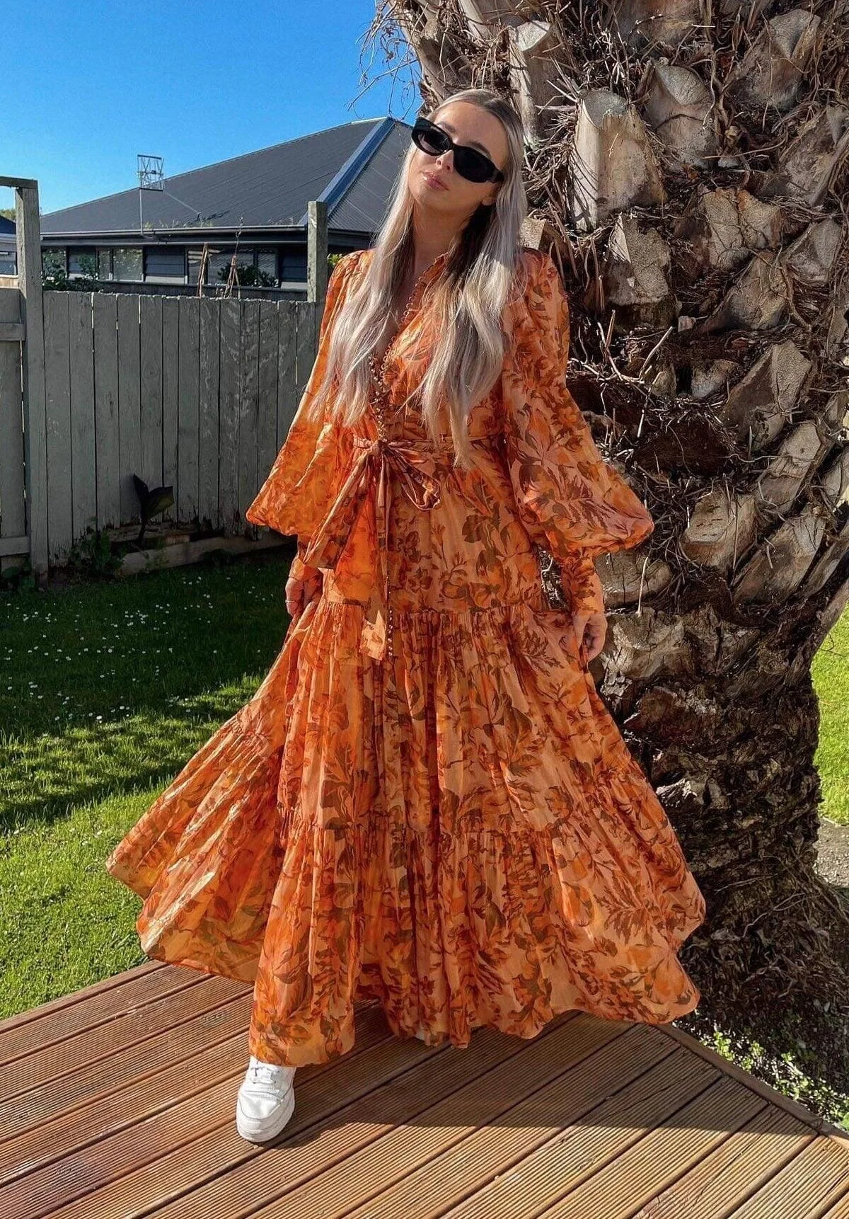 Runway Designer Summer Spring Orange Printed Maxi Dress - Uniqwear