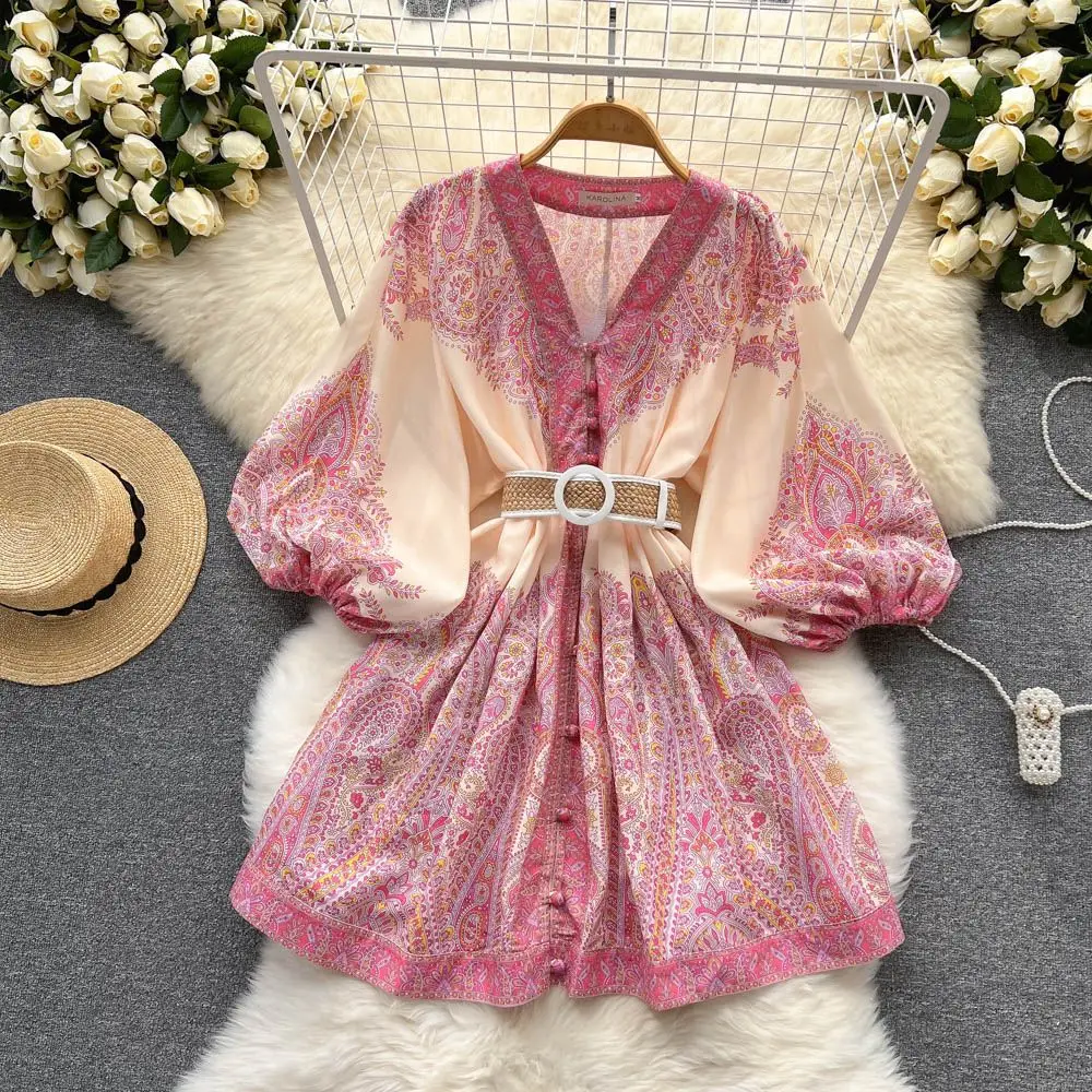 Vintage Print Elegant V-neck Lantern Long Sleeve Dress - Uniqwear