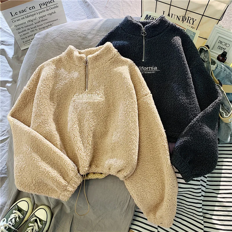 Women Stand Neck Fleece Cropped Sweatshirt - Uniqwear