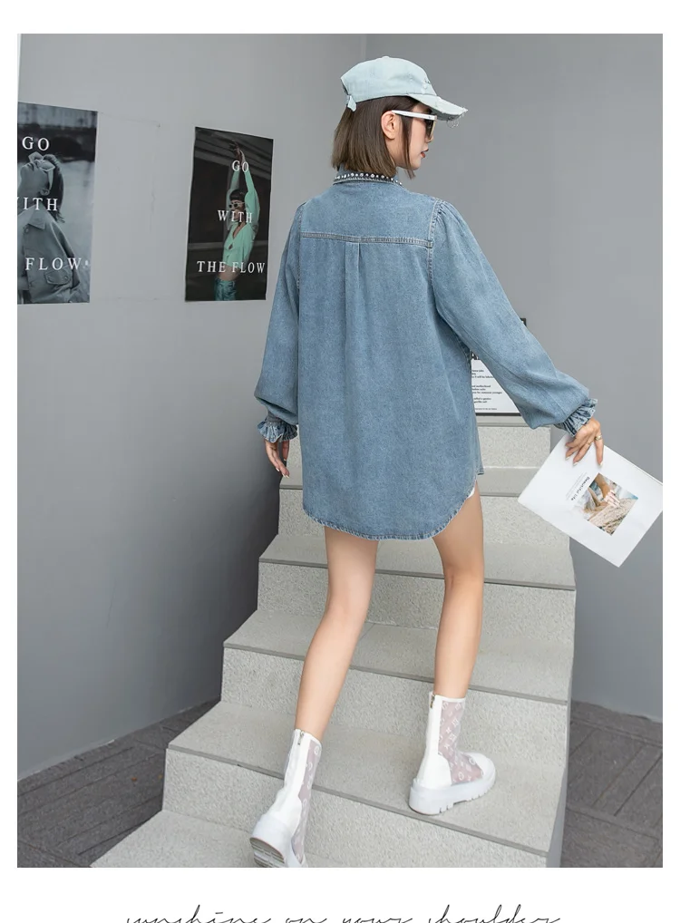 Chic Women Diamonds Beaded Flowers Denim Shirts - Uniqwear