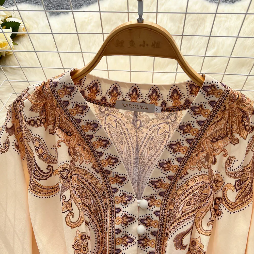 Vintage Print Elegant V-neck Lantern Long Sleeve Dress - Uniqwear