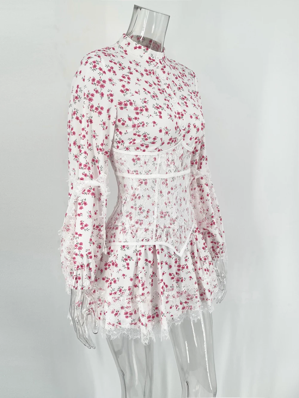 V-Neck Printed Mini Lace Dress - Uniqwear