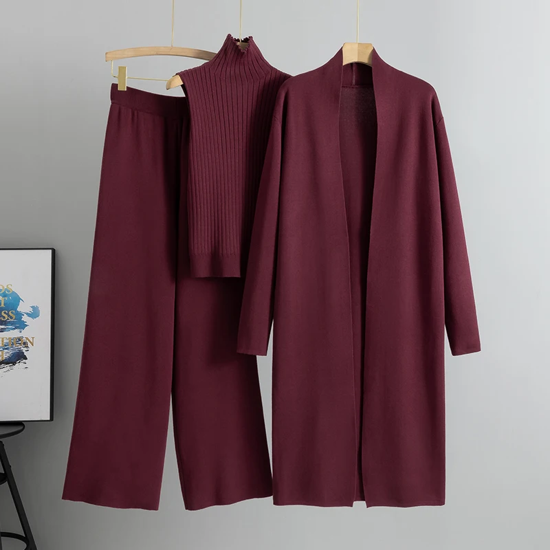 3 Piece Women Cardigan Tracksuits Knitted Pant Set - Uniqwear
