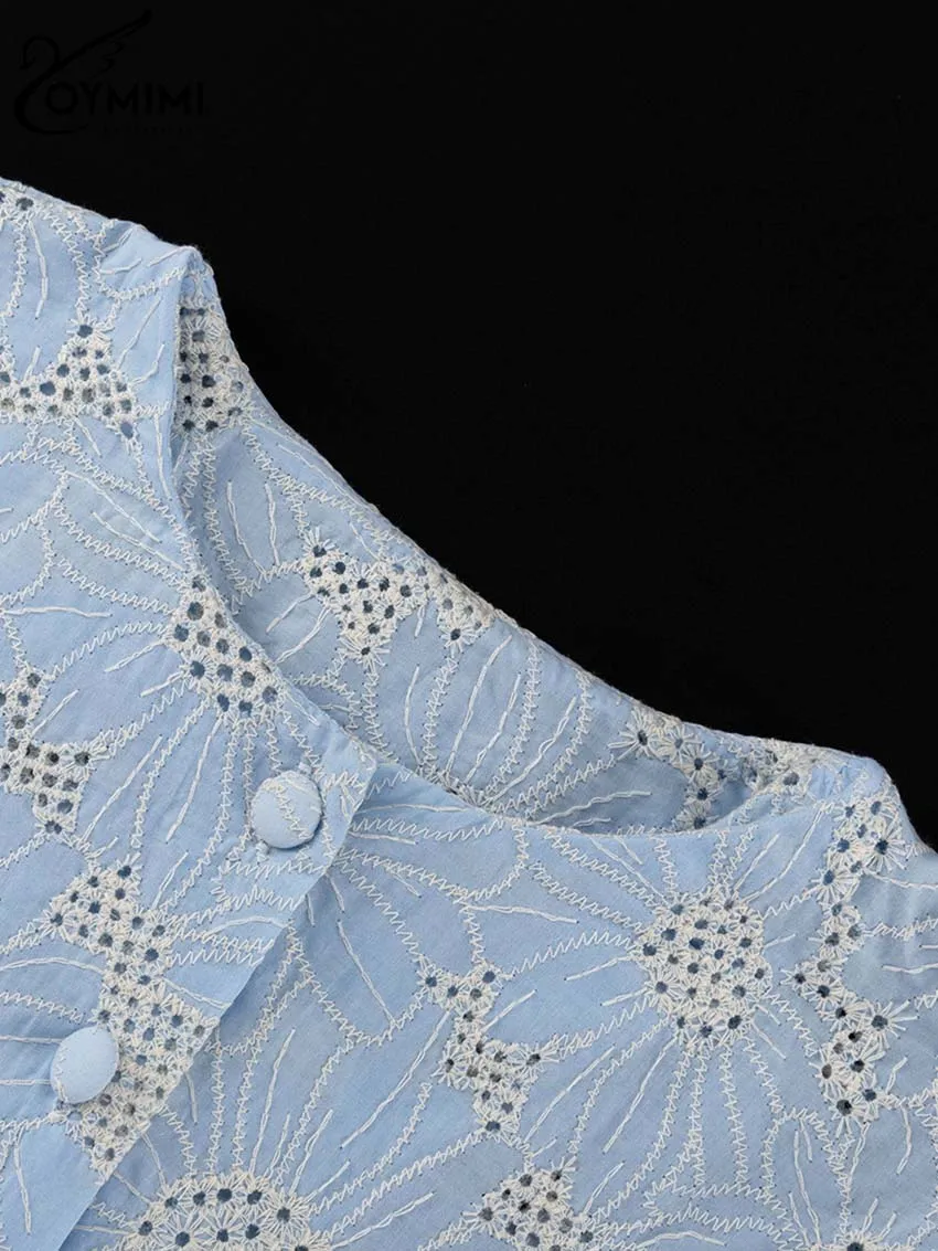 Fashion Blue Print Women's Elegant Hollow Out Shirt - Uniqwear