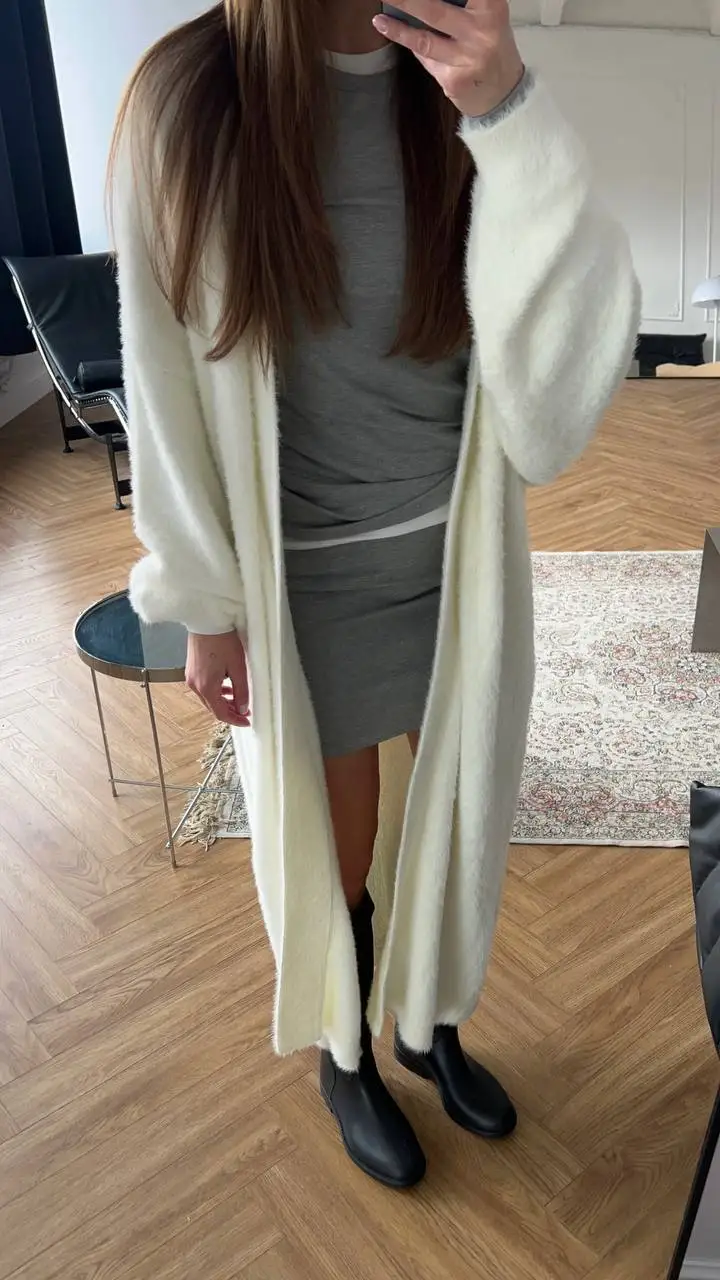 Soft Knitted Set Casual Long Cardigan with Vest Midi Dress - Uniqwear