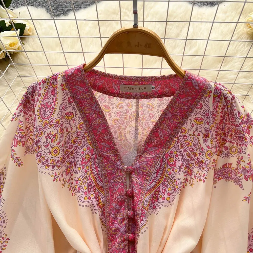 Vintage Print Elegant V-neck Lantern Long Sleeve Dress - Uniqwear