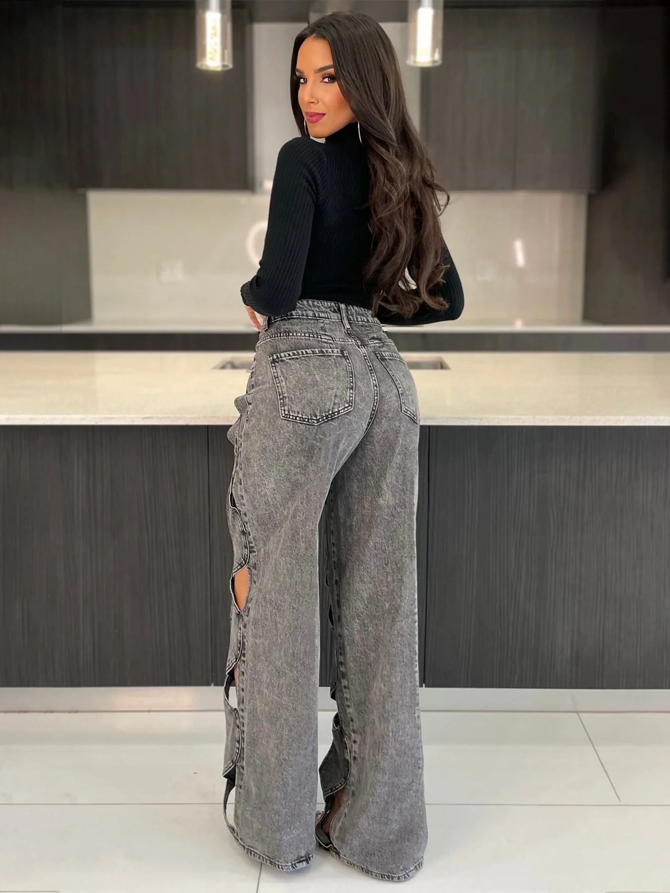Women Vintage Cutout Straight Denim Pants - Uniqwear