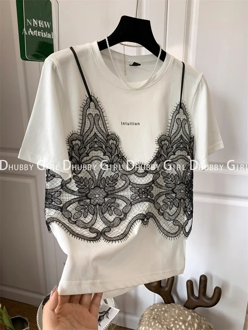 Tshirts Women Fake Two Piece Chest Lace Stitching - Uniqwear