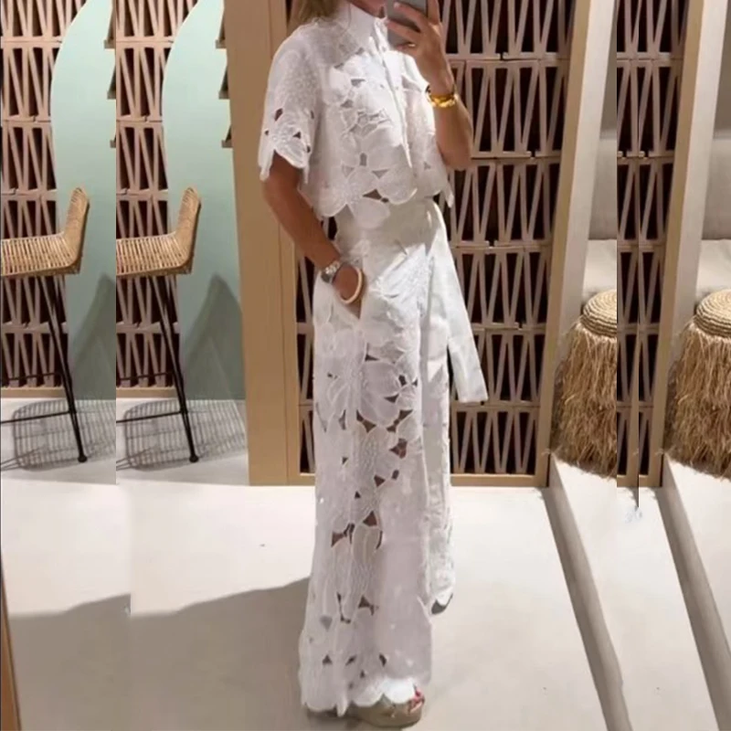 Women Hollow 2Pcs Outfit Retro Tops&Tie-up Pants Set - Uniqwear