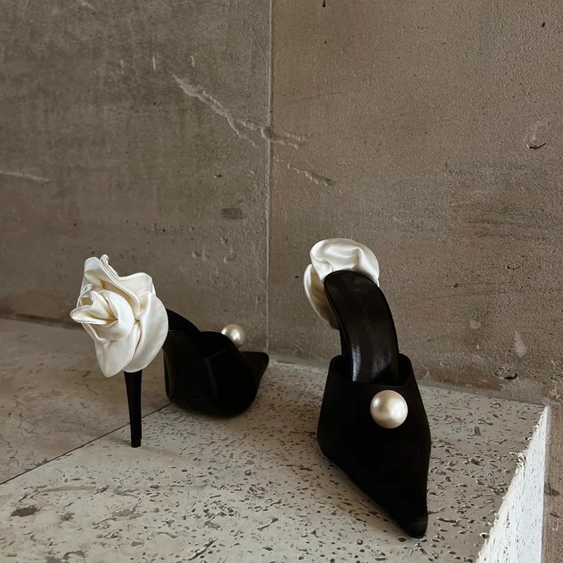 New Pointed Pearl Flower Stiletto Heel Sandals - Uniqwear