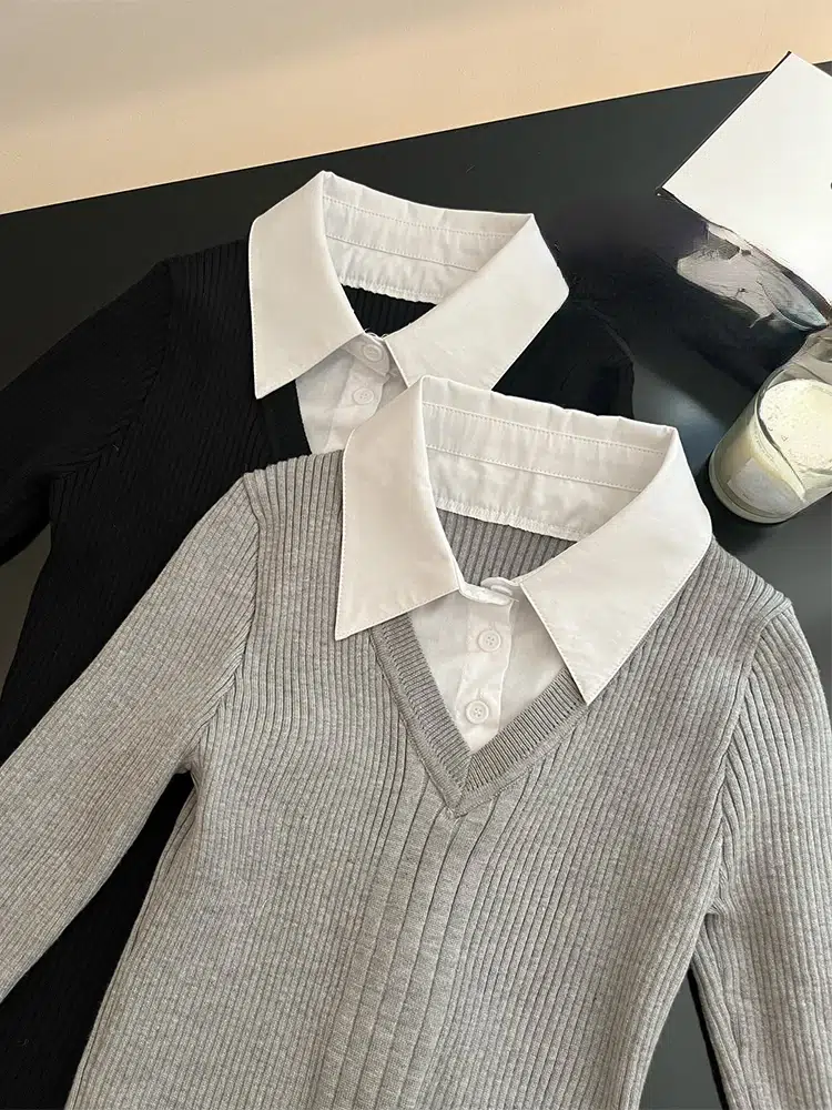 Preppy Style Fake Two Pieces Mini Knitted Shirts Dress Women - Uniqwear