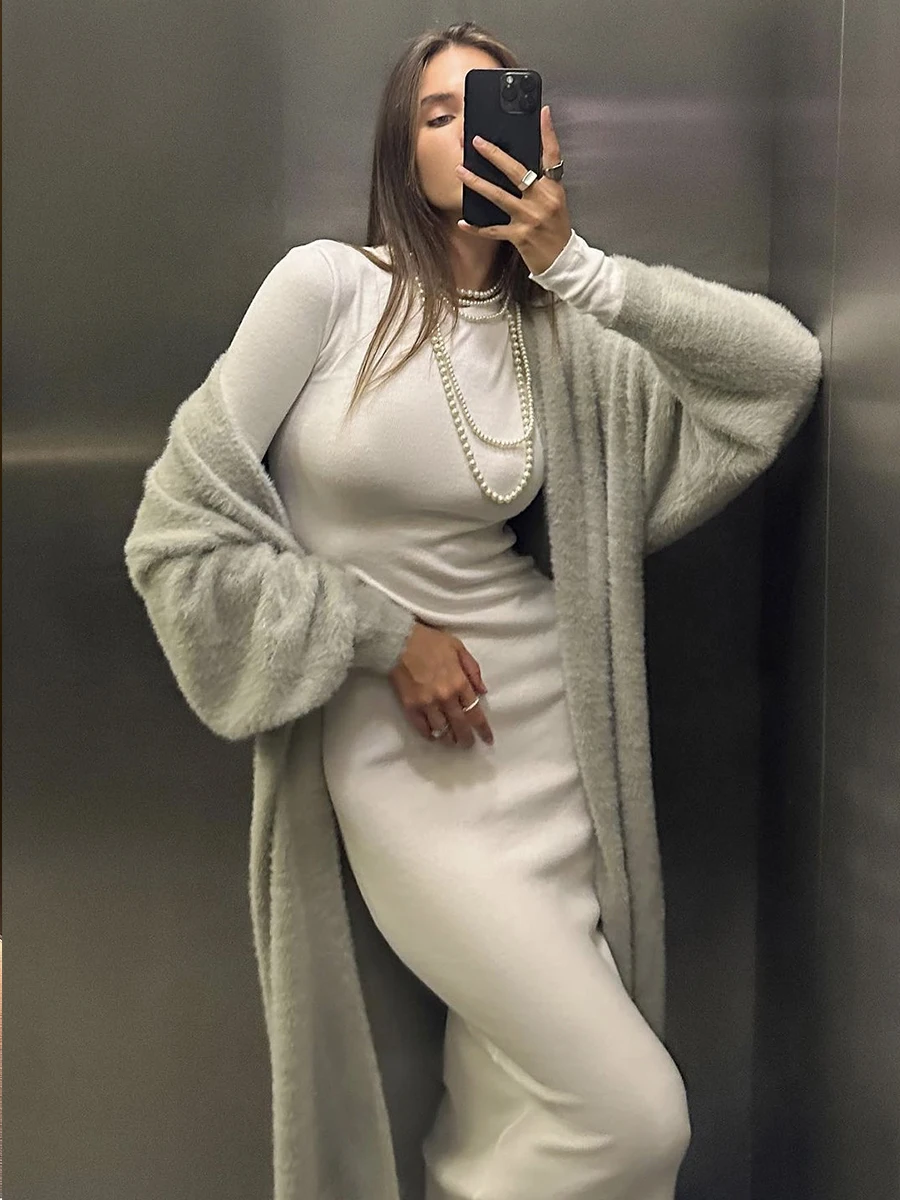 Soft Knitted Set Casual Long Cardigan with Vest Midi Dress - Uniqwear