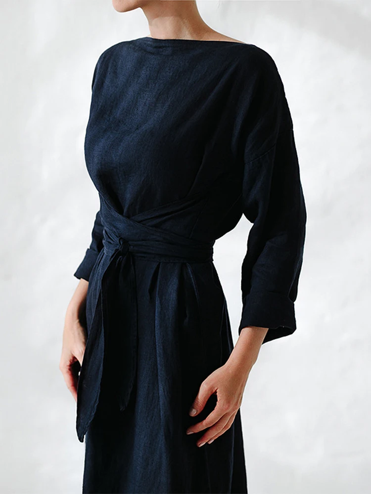 Women Casual Solid Cotton Linen Dress - Uniqwear