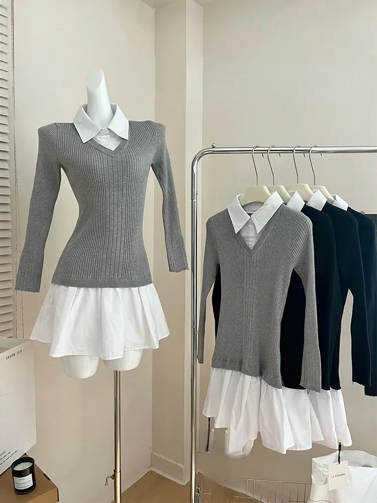 Preppy Style Fake Two Pieces Mini Knitted Shirts Dress Women - Uniqwear