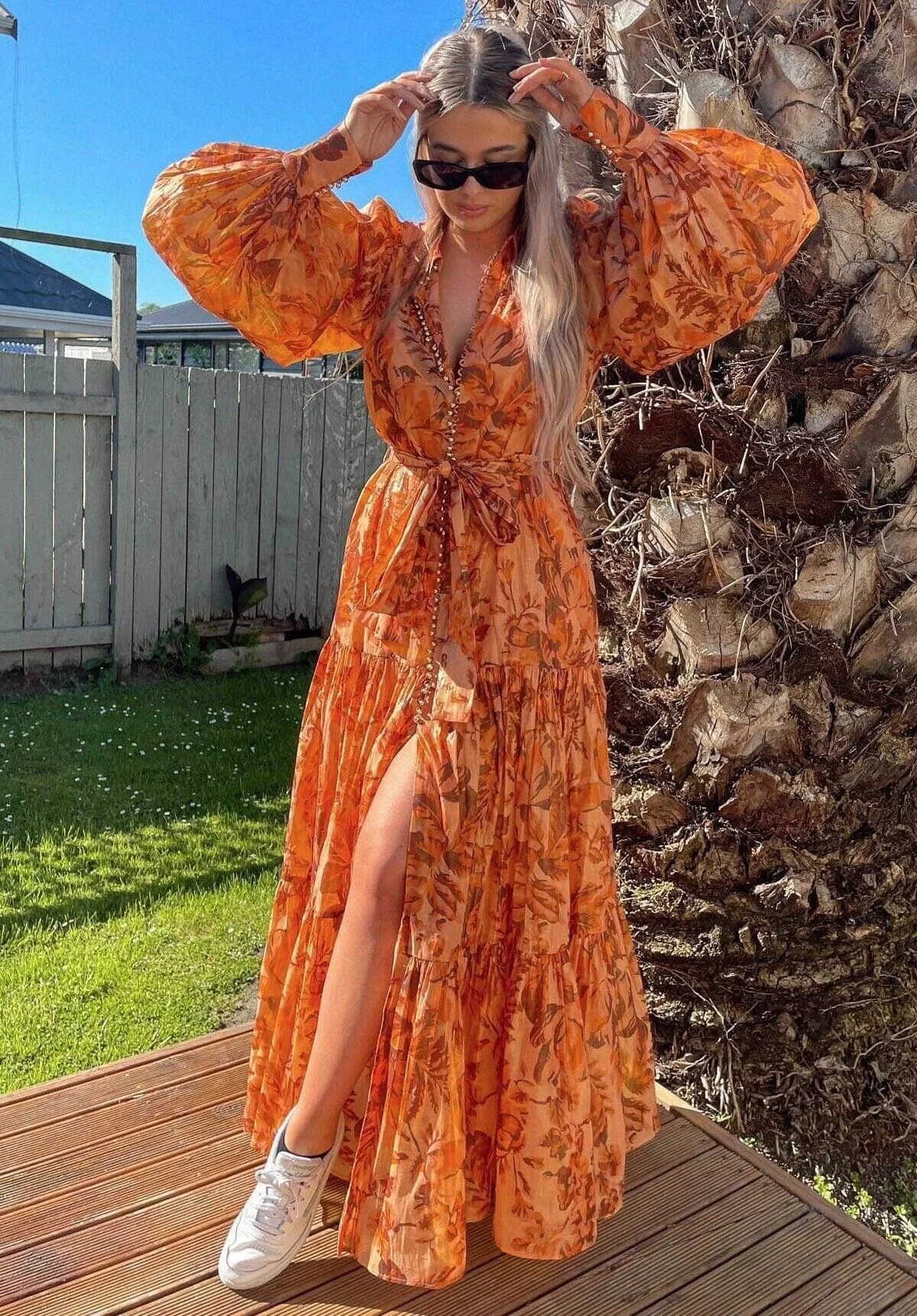 Runway Designer Summer Spring Orange Printed Maxi Dress - Uniqwear