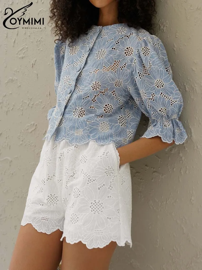 Fashion Blue Print Women's Elegant Hollow Out Shirt - Uniqwear