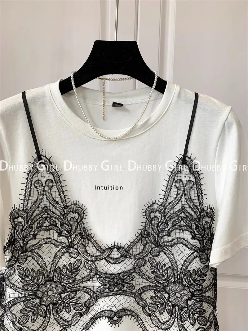 Tshirts Women Fake Two Piece Chest Lace Stitching - Uniqwear