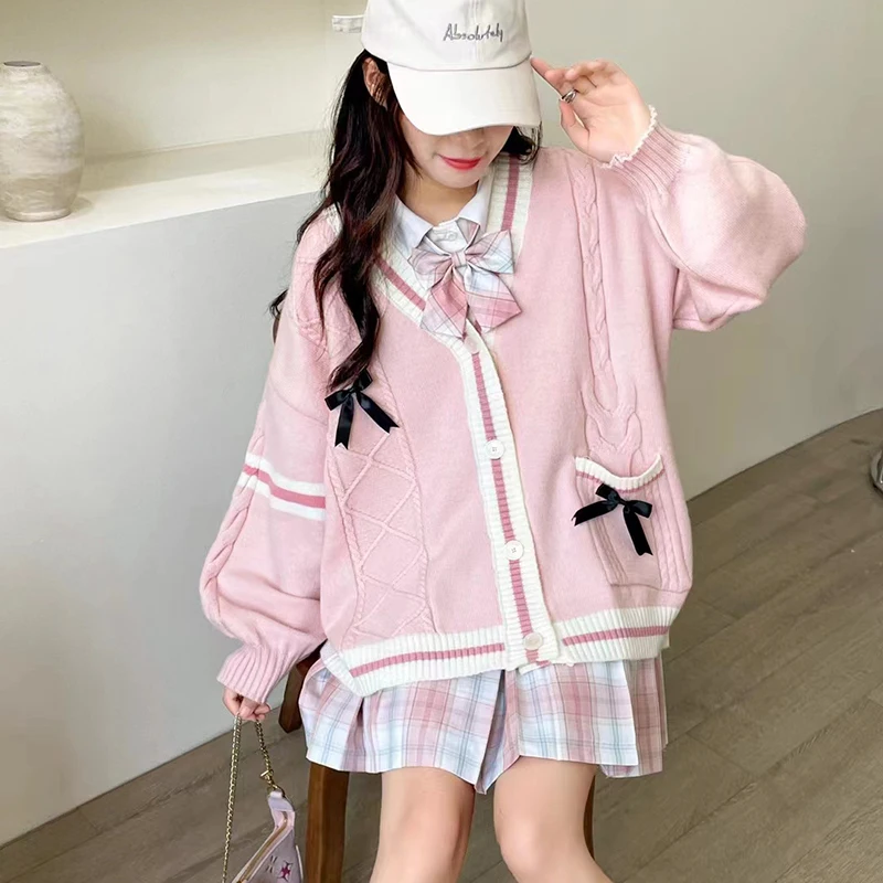 Pink Sweet Women Cardigan Bow Knitted Long Sleeve - Uniqwear