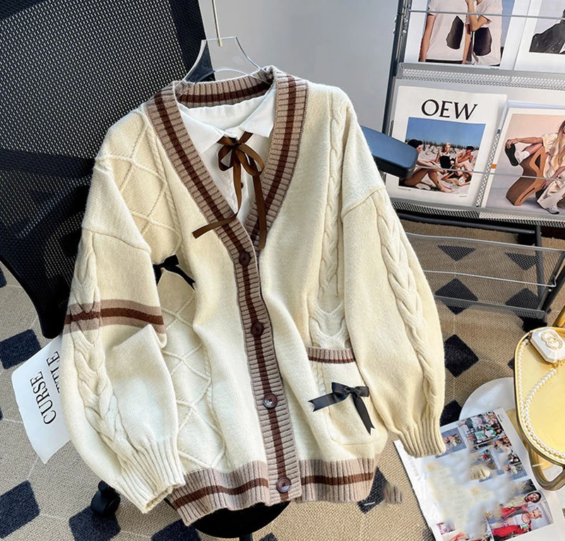 Pink Sweet Women Cardigan Bow Knitted Long Sleeve - Uniqwear