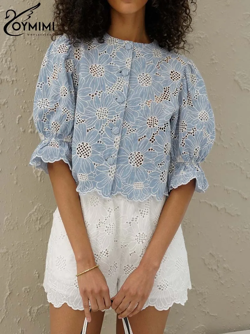 Fashion Blue Print Women's Elegant Hollow Out Shirt - Uniqwear