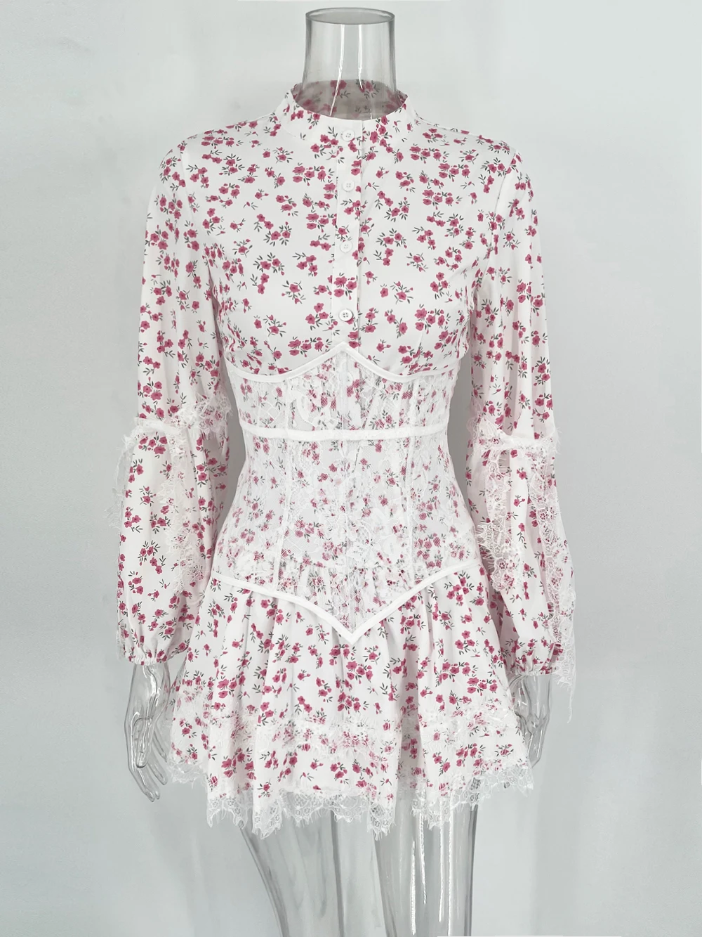 V-Neck Printed Mini Lace Dress - Uniqwear