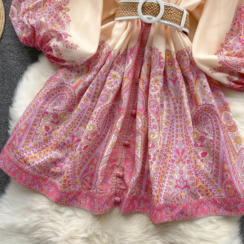 Vintage Print Elegant V-neck Lantern Long Sleeve Dress - Uniqwear