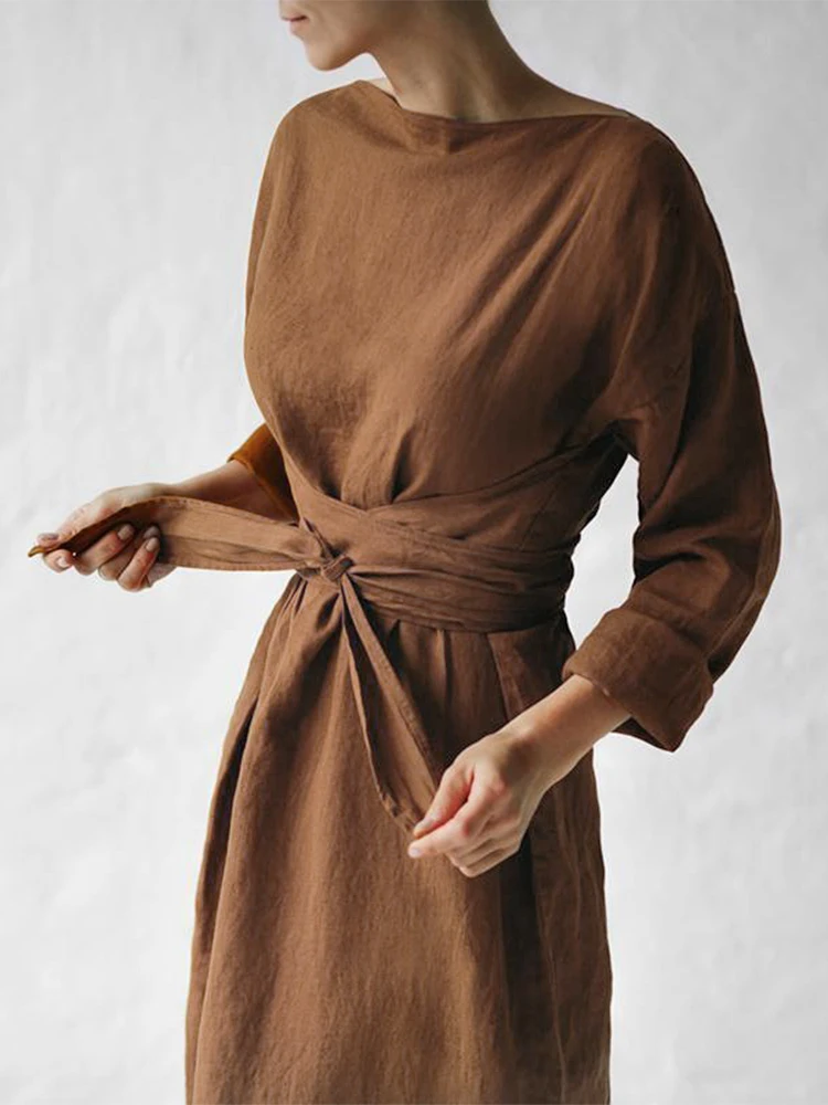 Women Casual Solid Cotton Linen Dress - Uniqwear