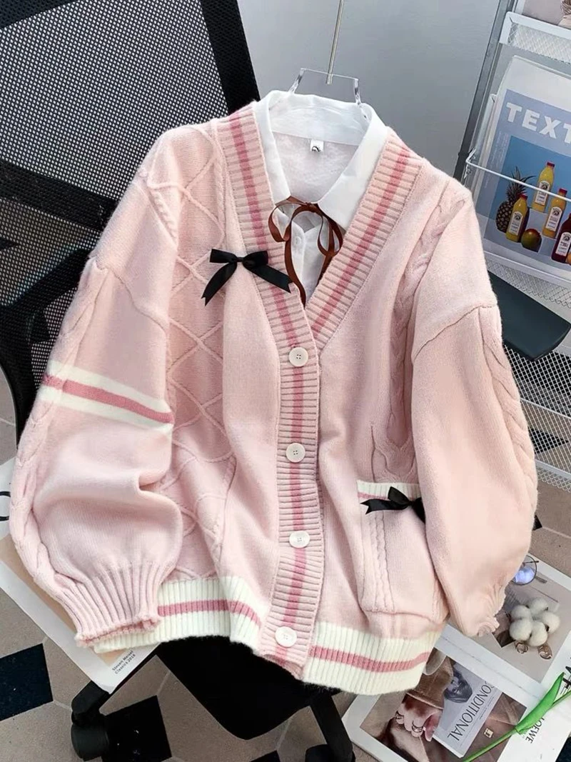 Pink Sweet Women Cardigan Bow Knitted Long Sleeve - Uniqwear