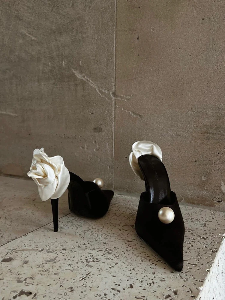 New Pointed Pearl Flower Stiletto Heel Sandals - Uniqwear