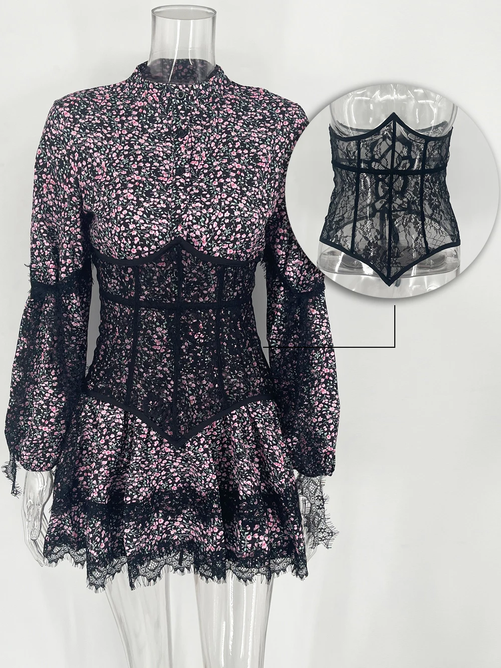 V-Neck Printed Mini Lace Dress - Uniqwear