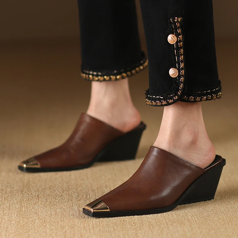 Genuine Leather Women Covered Metal Head Heels Slippers - Uniqwear