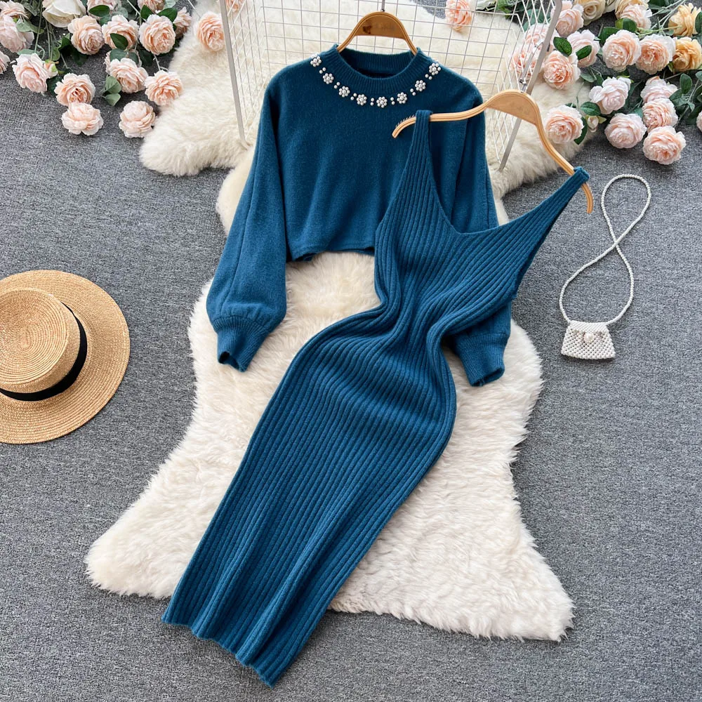 Women Knitted Sets Fashion Pearl Sweater+Knitted Dress - Uniqwear