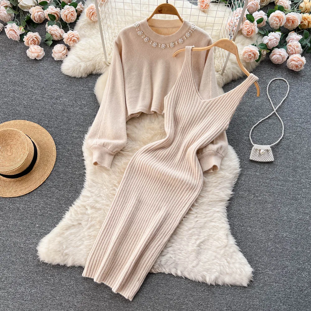 Women Knitted Sets Fashion Pearl Sweater+Knitted Dress - Uniqwear