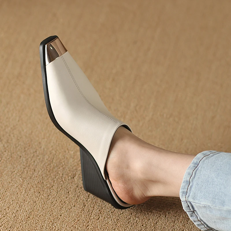 Genuine Leather Women Covered Metal Head Heels Slippers - Uniqwear