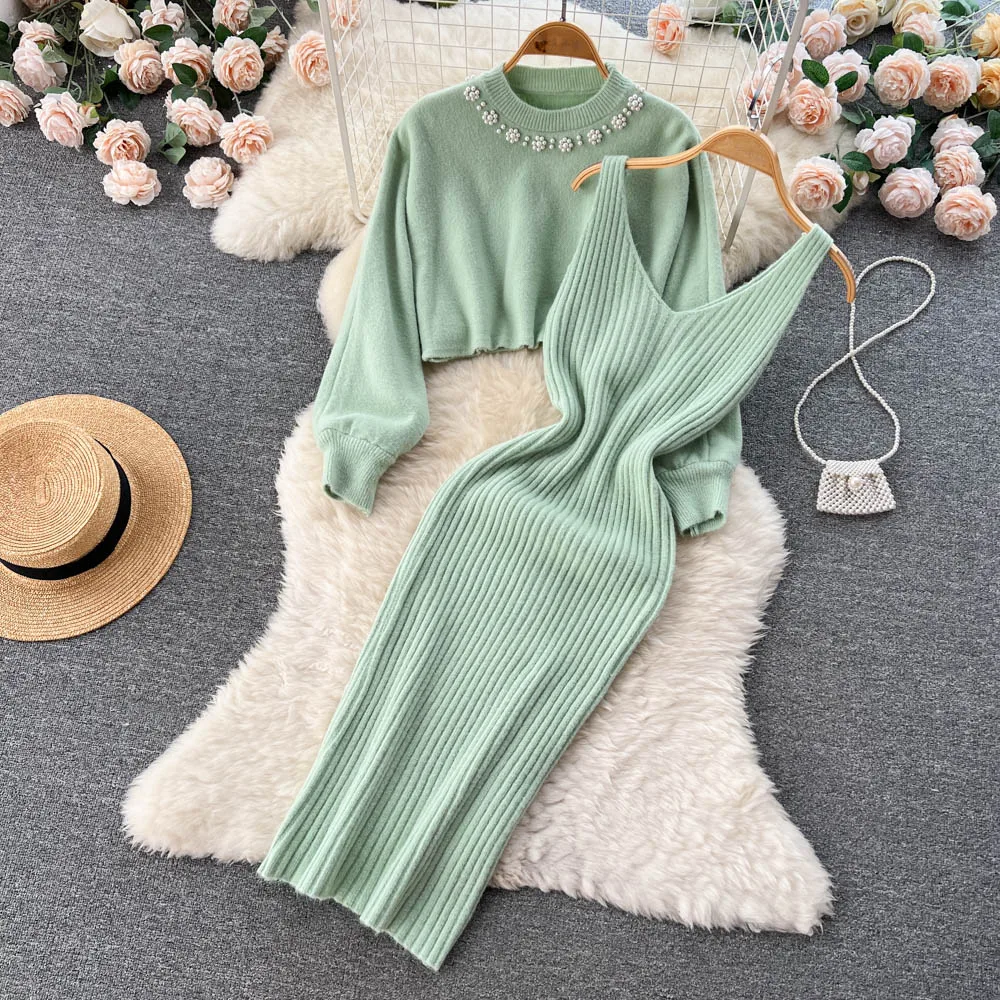 Women Knitted Sets Fashion Pearl Sweater+Knitted Dress - Uniqwear