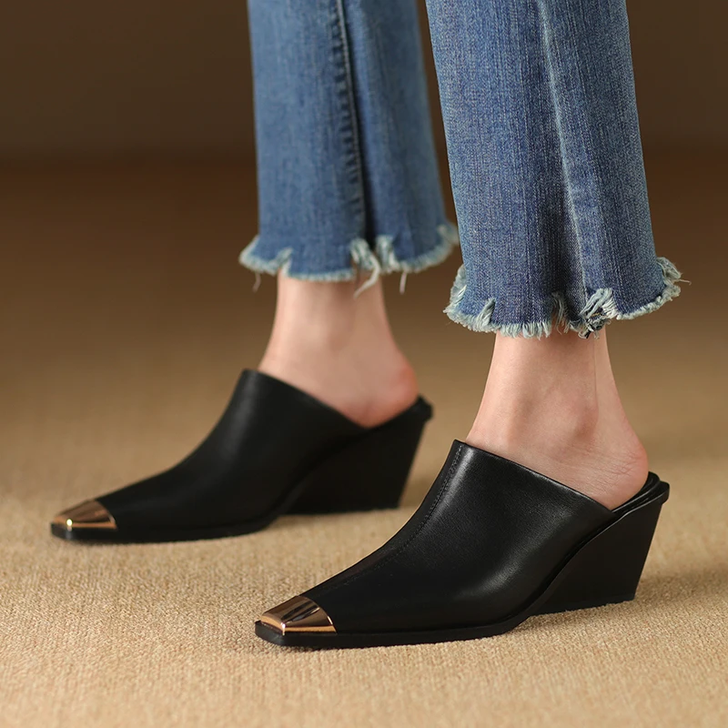 Genuine Leather Women Covered Metal Head Heels Slippers - Uniqwear