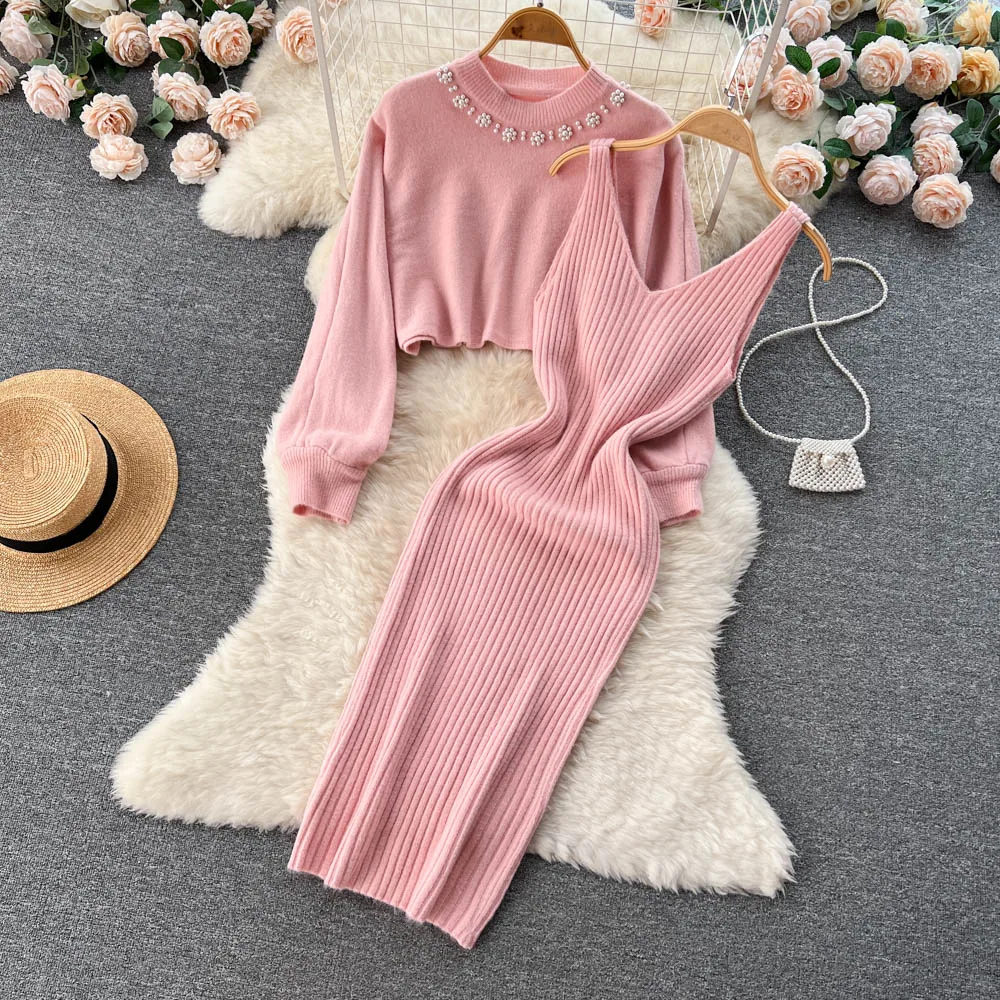 Women Knitted Sets Fashion Pearl Sweater+Knitted Dress - Uniqwear
